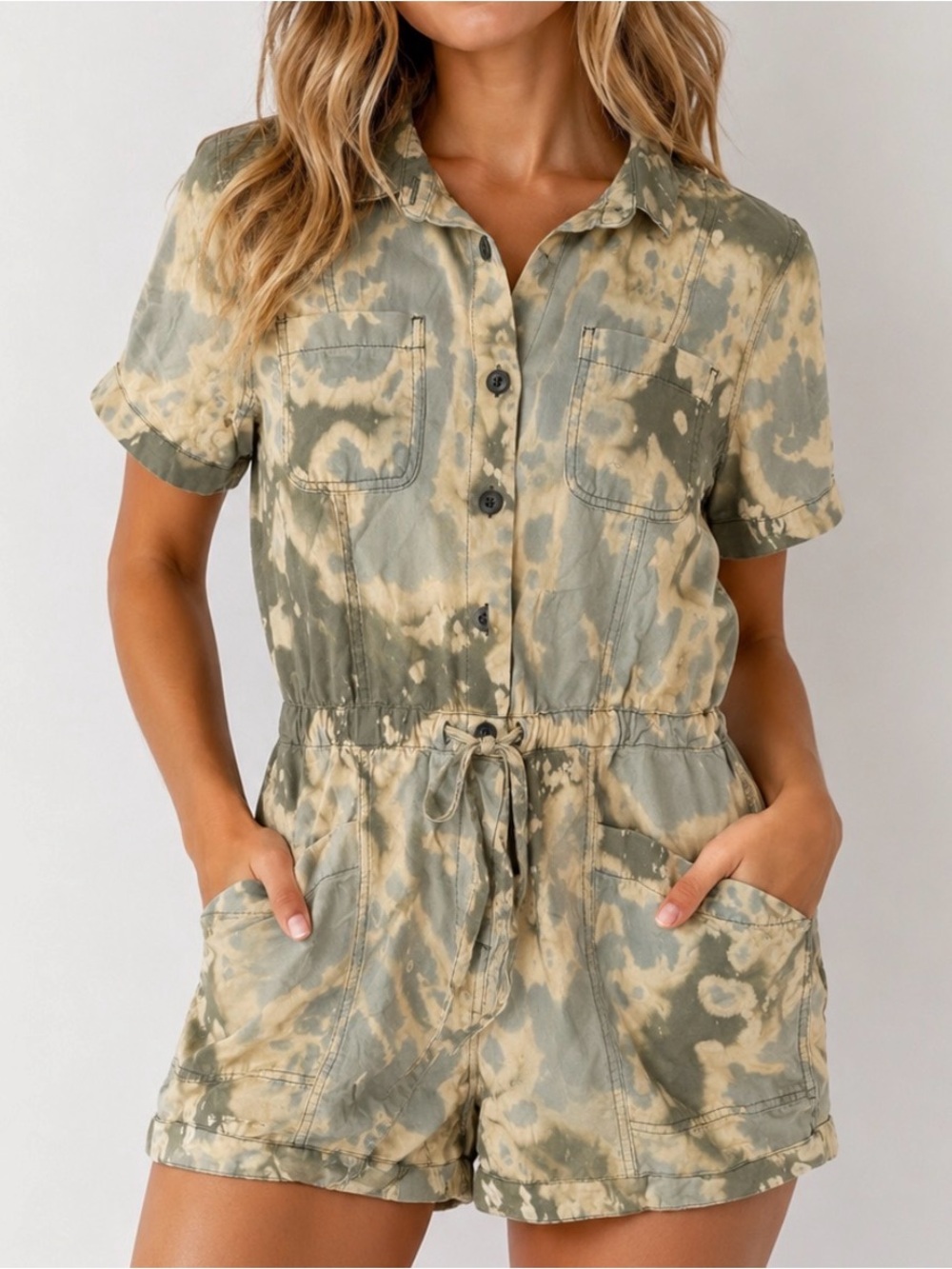 Old Navy Olive and Beige Tie-Dye Utility Romper